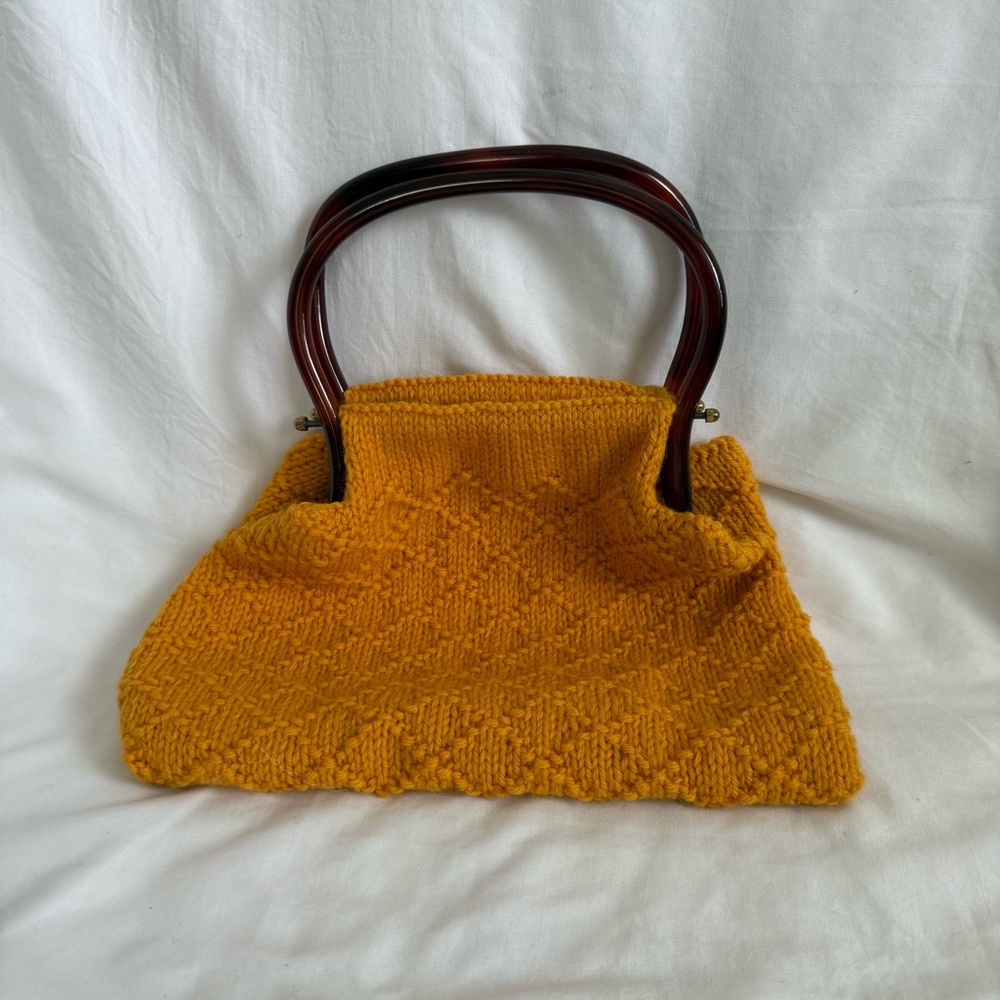 Yellow Knit Handbag with Brown Frame Handles